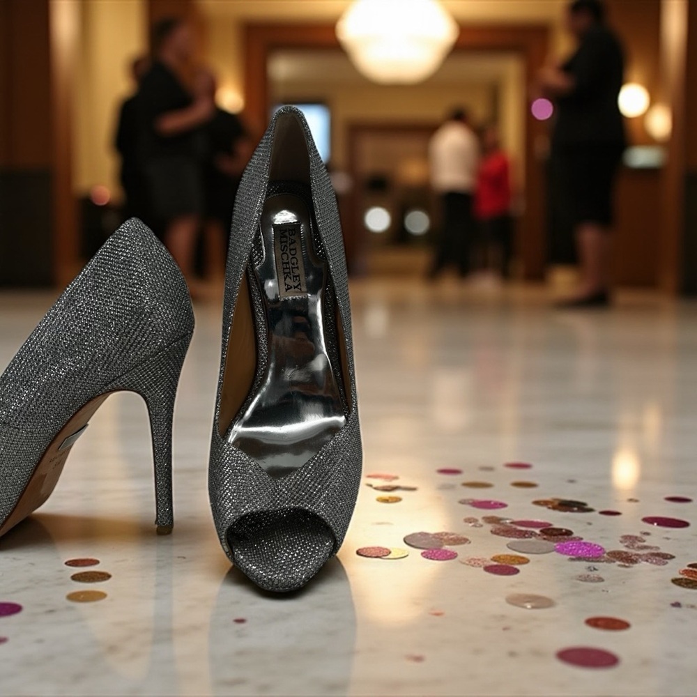 Badgley Mischka Silver‎ Shimmer Peep Toe Stiletto Heels Size 8